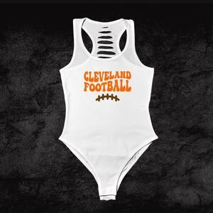 Womens white/brown handmade Cleveland bodysuit, Cleveland Fan Gift, Football Mom